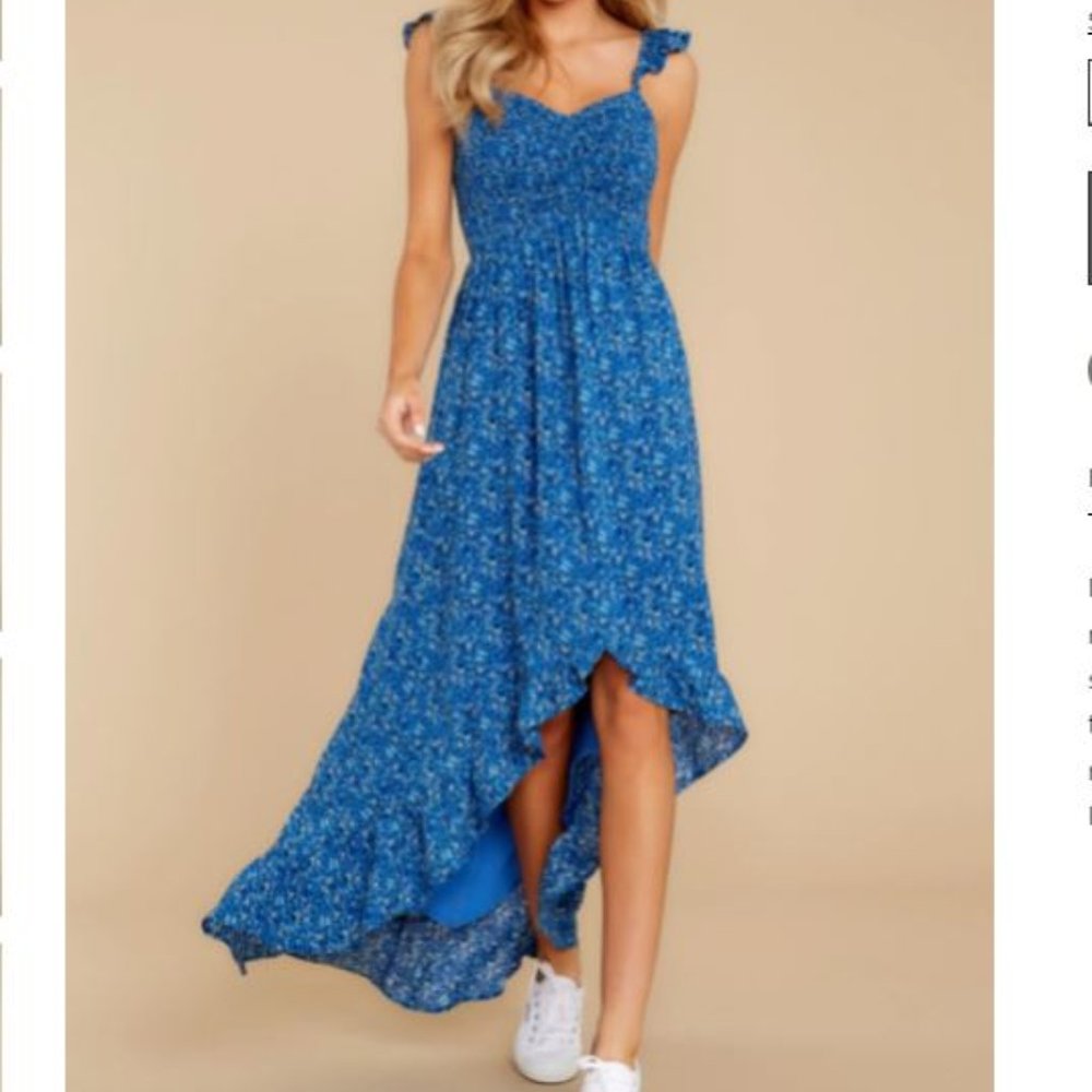 Blue Floral Print High Low Dress